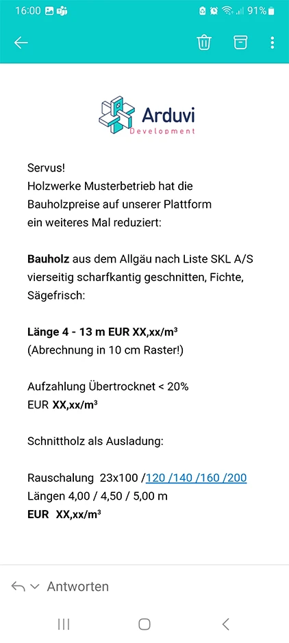 Arduvi Screenshot automatisches Preisinfo Abo Benachrichtigung